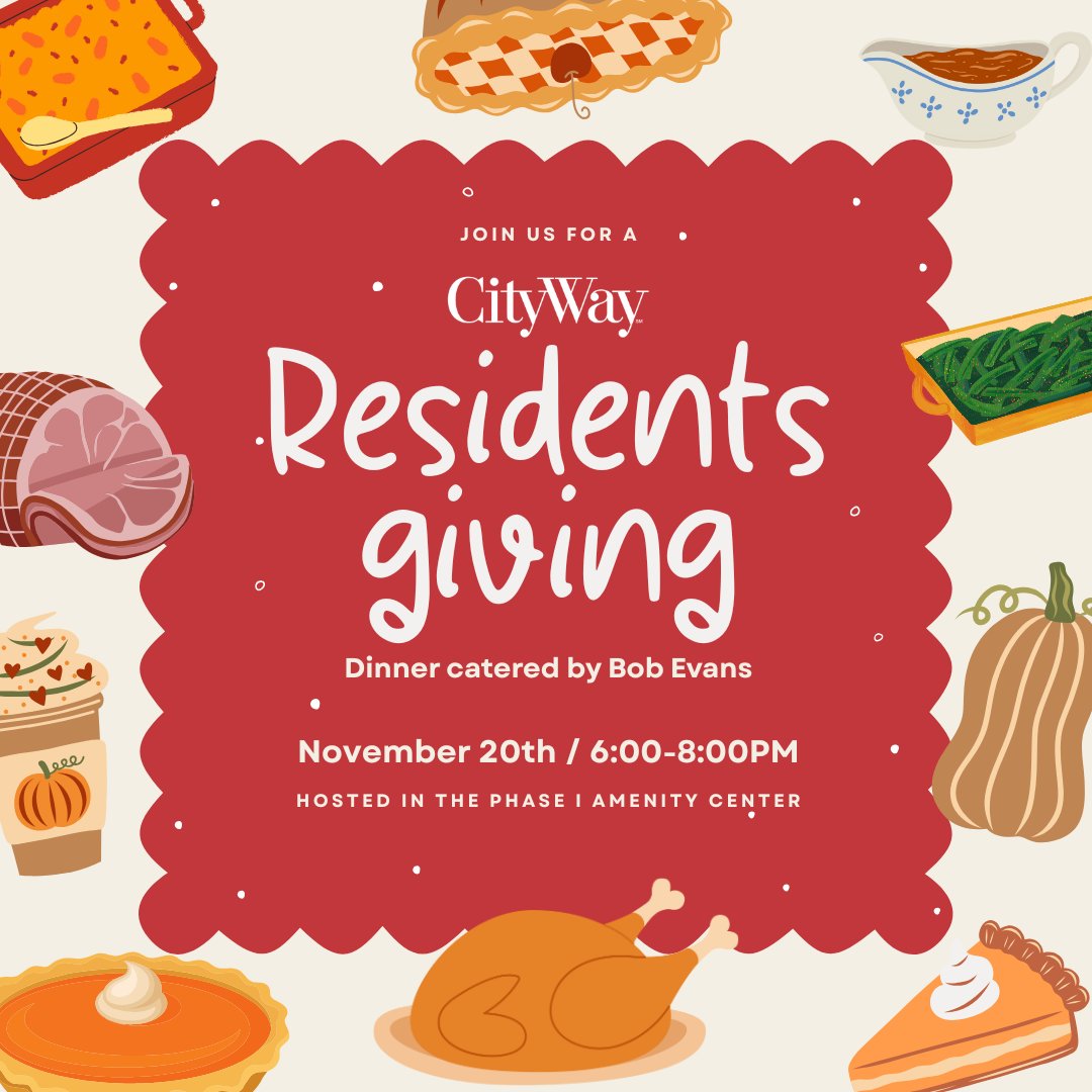 🦃You're invited to CityWay's Residentsgiving!🍂 Join us on November 20th from 6:00-8:00pm for a cozy Thanksgiving dinner celebrating our amazing residents and the supportive, friendly community we're so thankful for! Enjoy a delicious Thanksgiving meal catered by Bob Evans,...