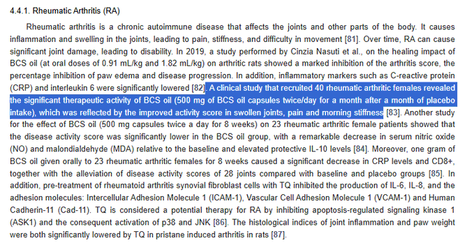 Few people know this

Black cumin seeds (Thymoquinone) reduced symptoms of rheumatoid arthritis in a study of 40 female patients, at a dose of 500 mg of the oil 2X day.

The "cure for every disease except death" just keeps getting better and better!