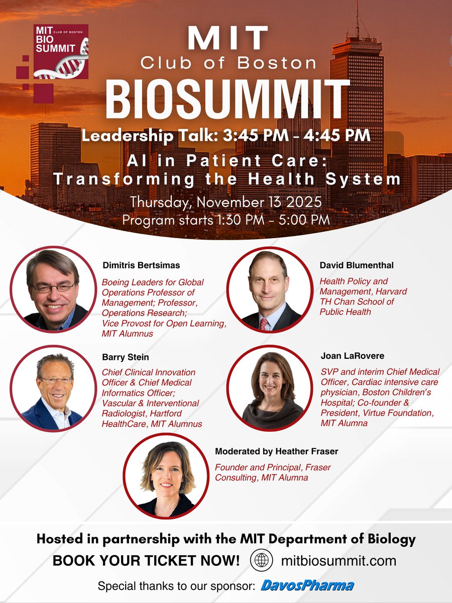 MITboston's tweet image. MIT BioSummit Fall 2025
Leadership Talk: AI in Patient Care – Transforming the Health System
🔗 Register: mitbiosummit.com
#MITBioSummit #AIinHealthcare #DigitalHealth #TechBio