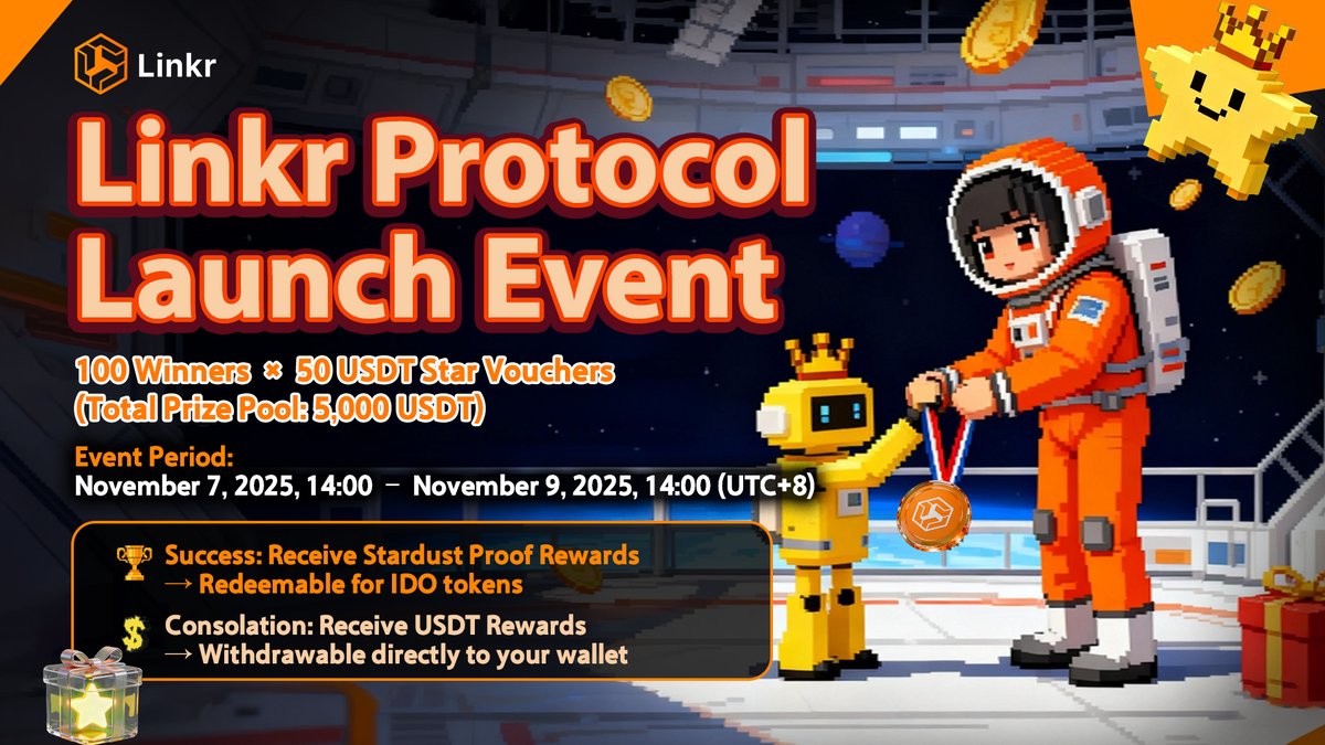 Linkr_Web3's tweet image. 🚀 “Stardust Protocol Launch” Community Campaign is LIVE!

Linkr’s Stardust Protocol is launching soon — and you’re invited to join for FREE to shape the future of community liquidity 🌍

🗓 Event Time
📅 Nov 7, 2025, 14:00 – Nov 9, 2025, 14:00 (UTC+8)

🎯 How to Join
① Follow…