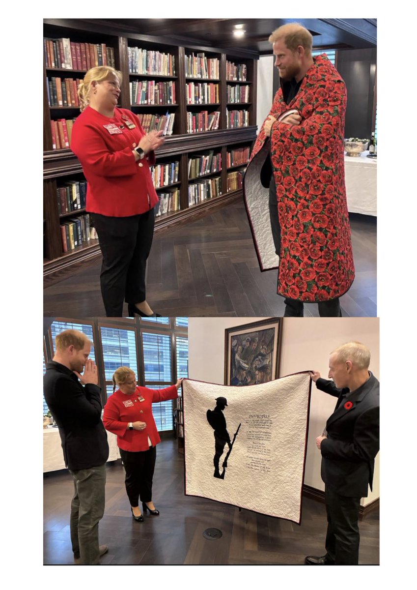 ChrisBaronSmit1's tweet photo. Lisa Compton, a Canadian veteran and president of Quilts of Valor created a quilt for Prince Harry as he visits Canadian Armed Forces and veterans in Toronto for Remembrance Day activities.

The Invictus Poem was imprinted on one side of the quilt. 

#PrinceHarry #InvictusGames https://t.co/LedChgDdGj