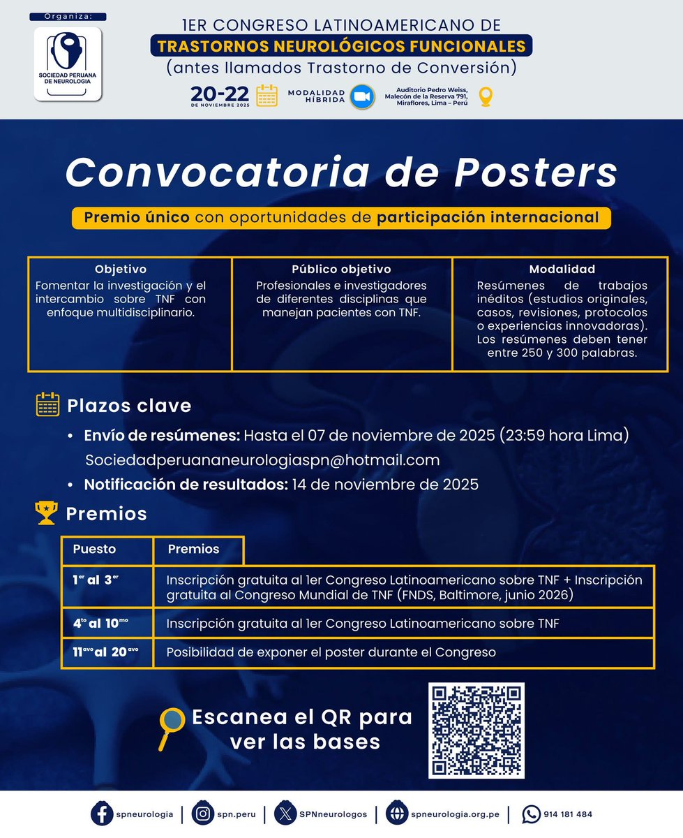 ✅ 1er Congreso Latinoamericano de Trastornos Neurológicos Funcionales
📅 Fecha: 20 al 22 de noviembre del 2025
💻 Modalidad híbrida
➡️ Inscripción: forms.gle/S55pKgSLj3Uakh…
➡️ Web: spneurologia.org.pe
#AspefamPeru #SPN #CMP #EducacionMedica