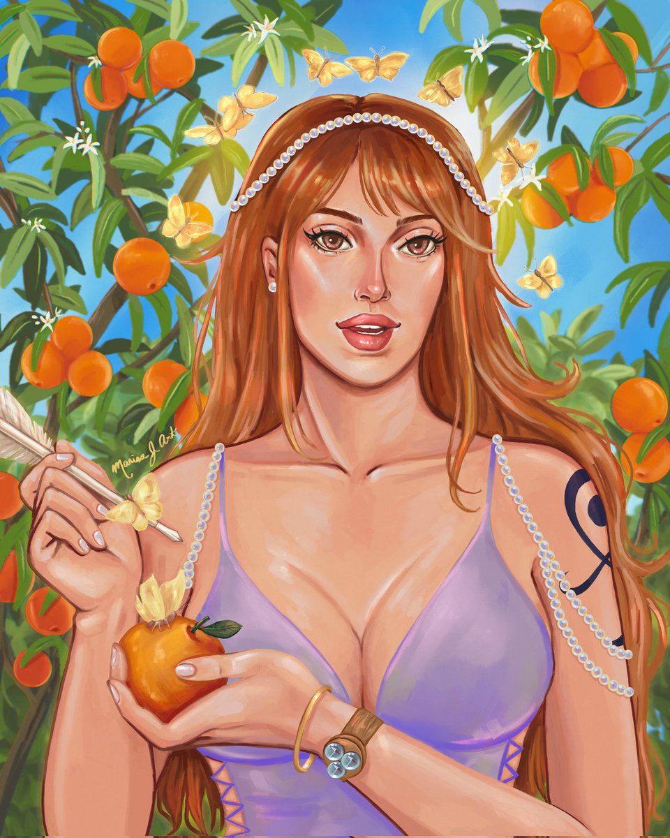 marisajart's tweet image. Nami as Dante Gabriel Rossetti&apos;s Venus Verticordia🧡 I saw her holding the apple and was like but what if they were tangerines?I&apos;ve been having a kind of &quot;what even is my style&quot; moment so it&apos;s nice to do something like a study to change things up #nami #onepiece #masterstudy
