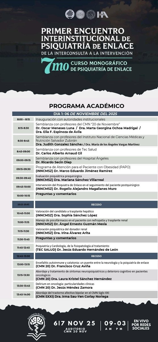 1er Encuentro InterInstitucional de Residentes en #PsiquiatríaDeEnlace en Centro Médico Nacional 

<a href="/TecSaludMX/">TecSalud - Sistema de Salud del Tec de Monterrey</a> <a href="/TecdeMonterrey/">Tecnológico de Monterrey</a> presente 

Imperdible 

Evento en vivo: 
youtube.com/live/JanBK0bqY…