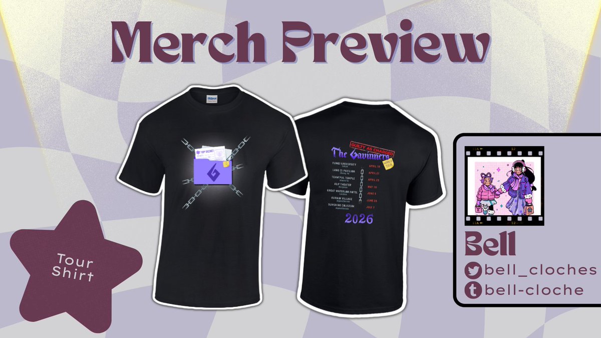 🎶 PREVIEWS 🎶

Even when the tour takes its final bow, you can take the tour home with you! Add on this terrific tour t-shirt by Bell to any order, and commemorate this concert in your closet for all of time!

🎶Preorders: guilty-as-charged.bigcartel.com
✦ <a href="/bell_cloches/">Bell</a>  .ᐟ