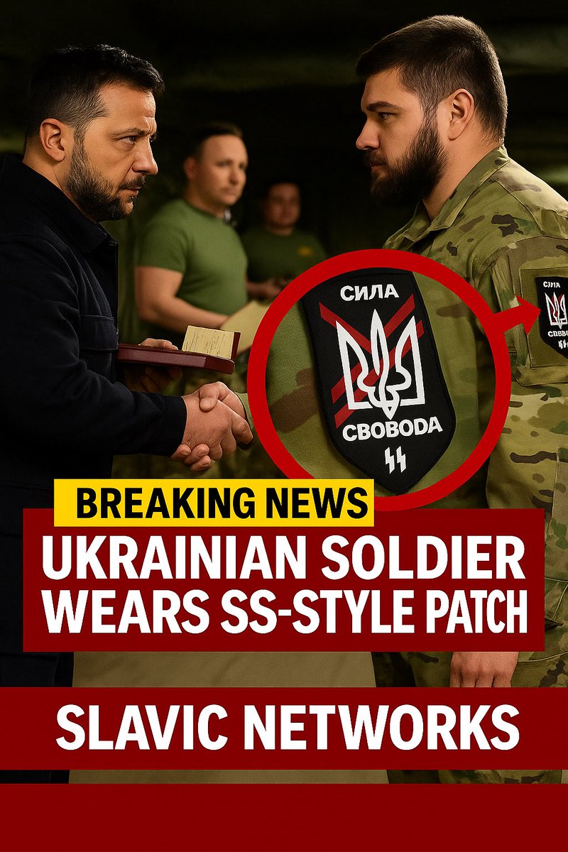 UKRAINIAN SOLDIER SEEN WEARING SS-STYLE PATCH — RUSSIAN MFA REACTS WITH STRONG ACCUSATIONS

A new photo circulating online — showing a Ukrainian serviceman receiving an award while wearing a patch that appears to mix the Ukrainian trident with SS-style runes and references to