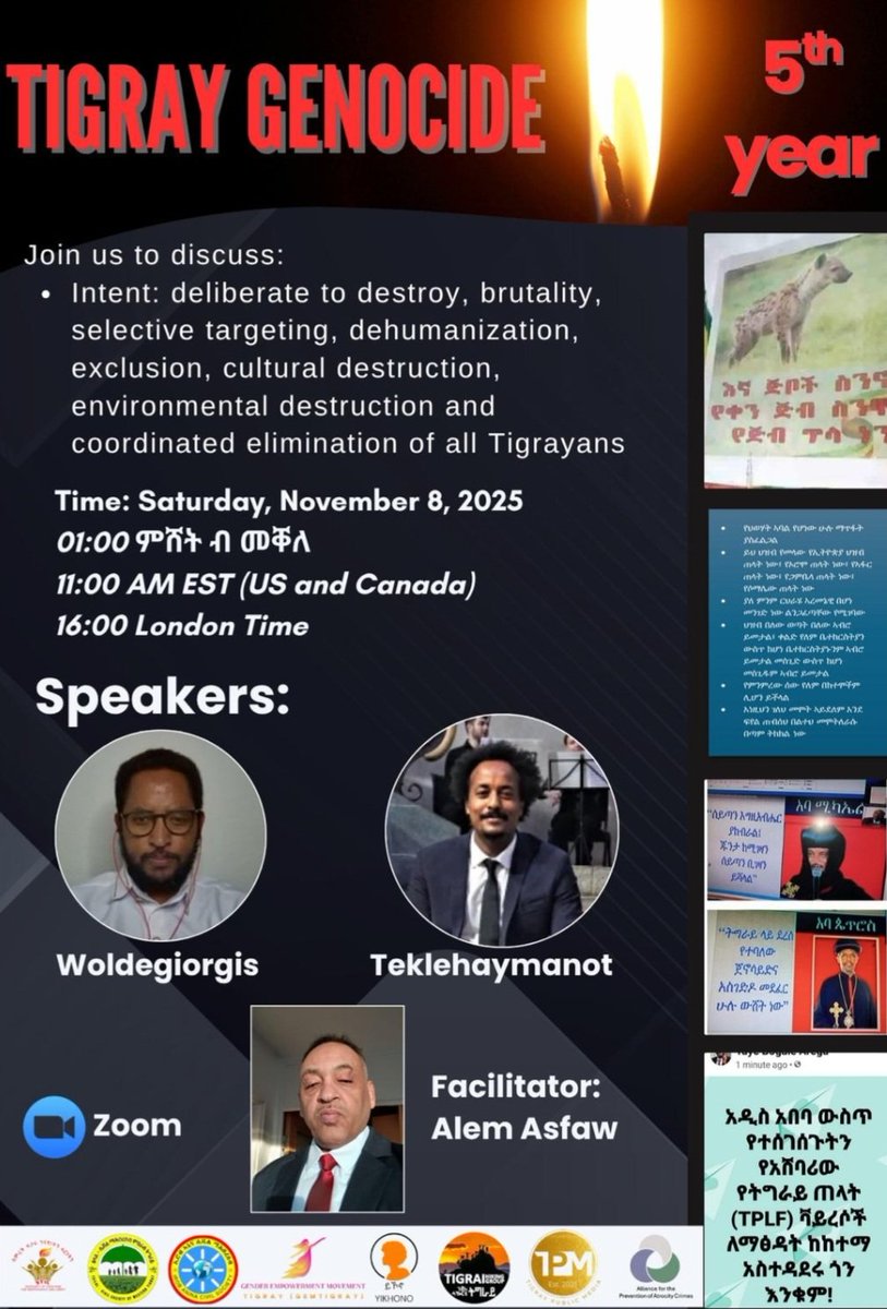Join us to discuss evidences showing the intent to destroy Tigrayans, amounting to genocide on Saturday, November 8, 2025. Zoom links will be shared upon request. <a href="/ACPreventionTDL/">The Alliance for the Prevention of Atrocity Crimes</a> <a href="/TigrayPublic/">Tigray Public Media-TPM</a> <a href="/Yikono_/">#ይኾኖ</a> <a href="/IrobAnina/">Irob Anina Civil Society (IACS)</a> <a href="/TsilalCSWT/">Tsilal-Civil Society of Western Tigray</a> <a href="/Simret_STIL/">Solidarity of Tigrayans for Independence & Liberty</a>