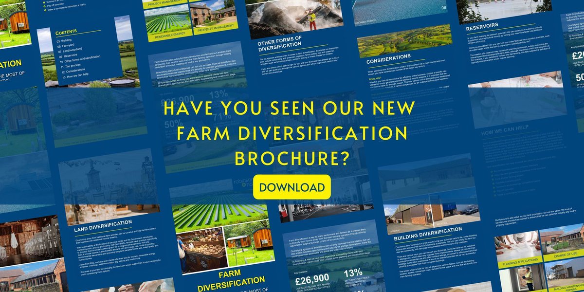 ⭐ HAVE YOU SEEN OUR NEW FARM DIVERSIFICATION BROCHURE? ⭐

Farm diversification is key for many landowners and farmers.

Need some inspiration? Read our new brochure which is packed full of inspirational ideas.

Download it here: 
robinsonandhall.co.uk/wp-content/upl…
