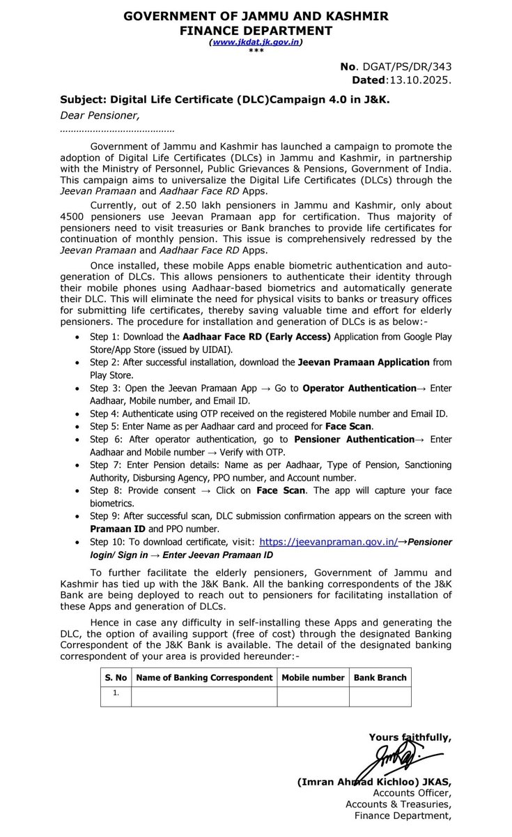 GreaterKashmir's tweet photo. To eliminate the need for physical visits to Treasuries/Bank branches for submission of life certificates, Finance Department has launched DLC Campaign 4.0 to promote DLCs through Jeevan Pramaan &amp; Aadhaar Face RD Apps. Pensioners can now self-generate DLCs. https://t.co/fptKxFybYq