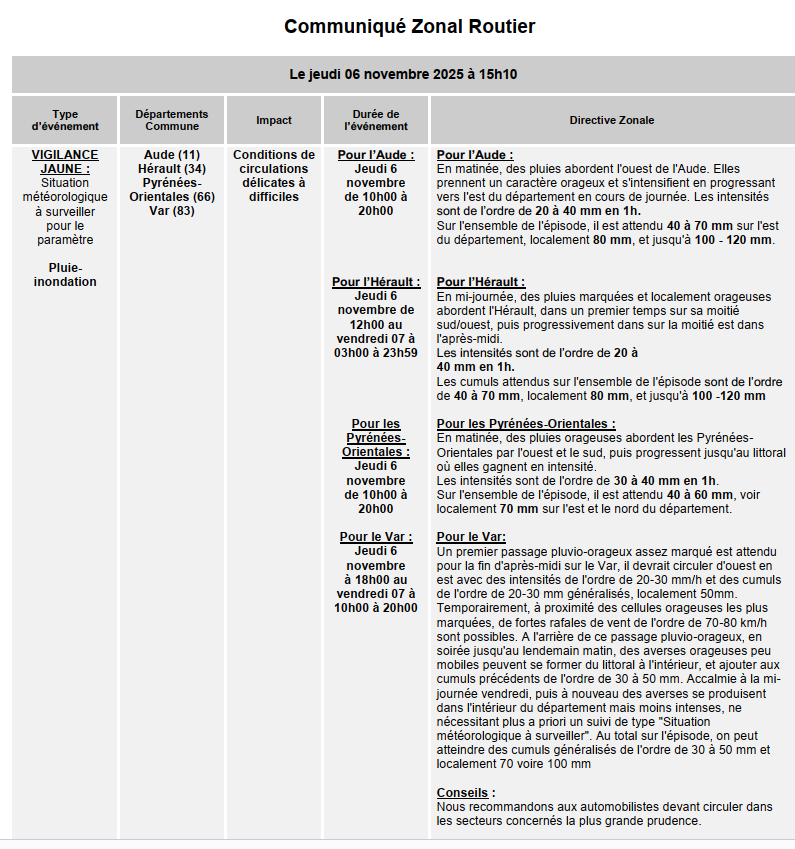 cezocsud's tweet image. Communiqué zonal routier - Vigilance JAUNE - Situation météorologique à surveiller pour le paramètre pluie-inondation - dépts 11 34  66 et 83.