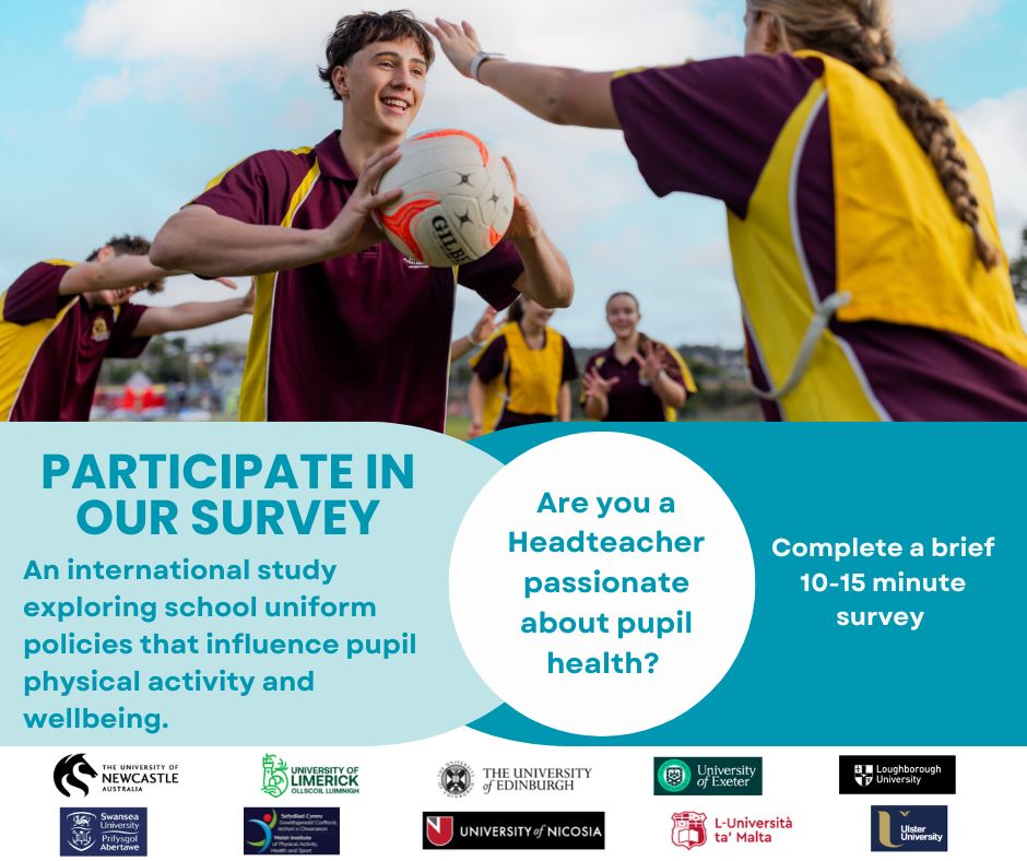Calling Headteachers and members of senior management in Scottish Schools

Very grateful if you could take 10–15 mins to complete an international survey on physical activity enabling school uniform policies.

To take part please follow the link:
tinyurl.com/3xd349hm