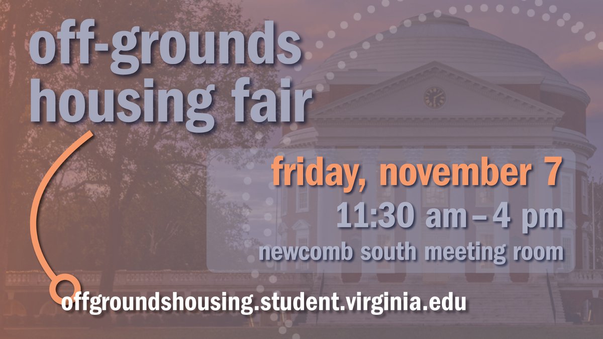 Considering living off Grounds next year? Pick up informatiion and giveaways from area property managers at the Off-Grounds Housing Fair TOMORROW, Friday, November 7, from 11:30-4! Local landlords will have details to share about availability and options. at.virginia.edu/OffGroundsFWHo…