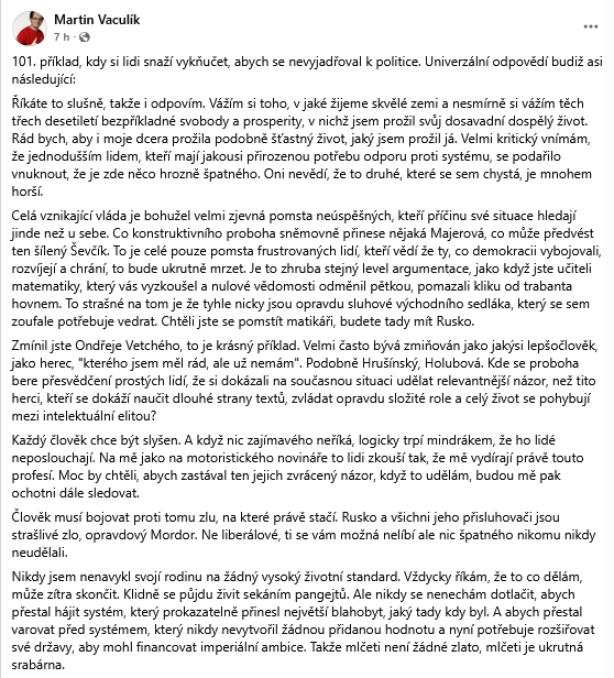 Martin Vaculík, jako obvykle, jasně, trefně, rovnou na komoru. Amen.