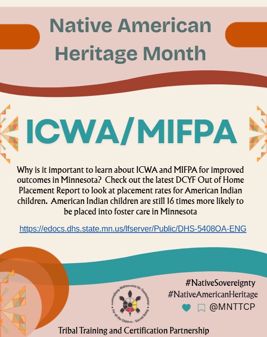 Why is it important to learn about ICWA and MIFPA for improved outcomes in Minnesota?
edocs.dhs.state.mn.us/lfserver/Publi…

#mnttcp
#NativeAmericanHeritage
#TribalChildWelfare
#ChildWelfare
#TribalTraining
#TribalCertification
#TrainingForChange