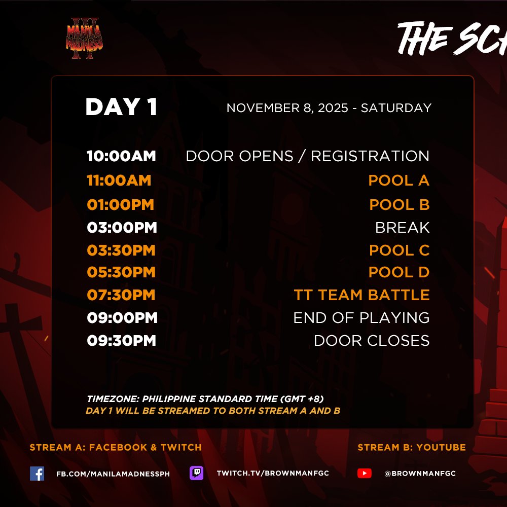 ManilaMadnessPH's tweet image. THE SCHEDULE 🗓

Day 1 will be streamed on FB, TWITCH, and YOUTUBE.
Day 2  will be streamed on FB and TWITCH 

Ticket Prices (Weekend Pass): 
Spectator: P1000

#ManilaMadness4 #TEKKEN8