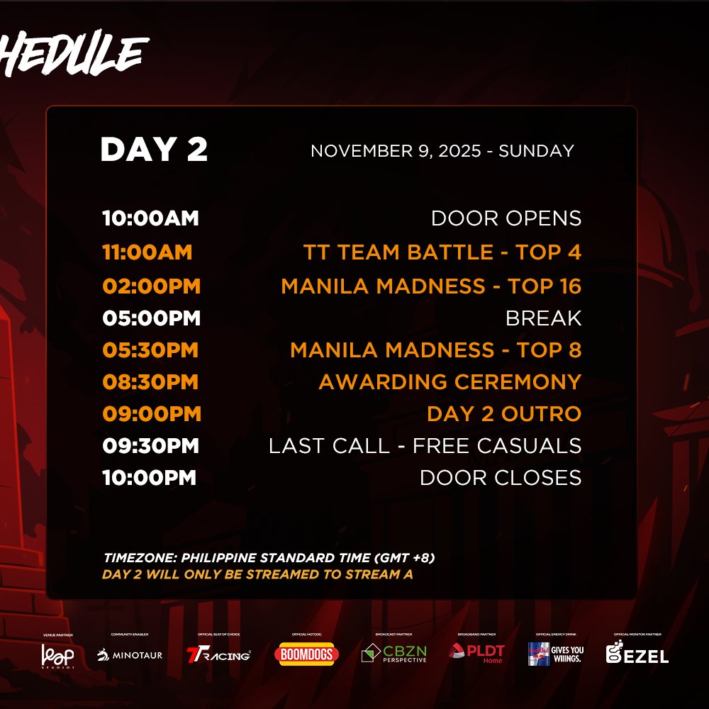 ManilaMadnessPH's tweet image. THE SCHEDULE 🗓

Day 1 will be streamed on FB, TWITCH, and YOUTUBE.
Day 2  will be streamed on FB and TWITCH 

Ticket Prices (Weekend Pass): 
Spectator: P1000

#ManilaMadness4 #TEKKEN8