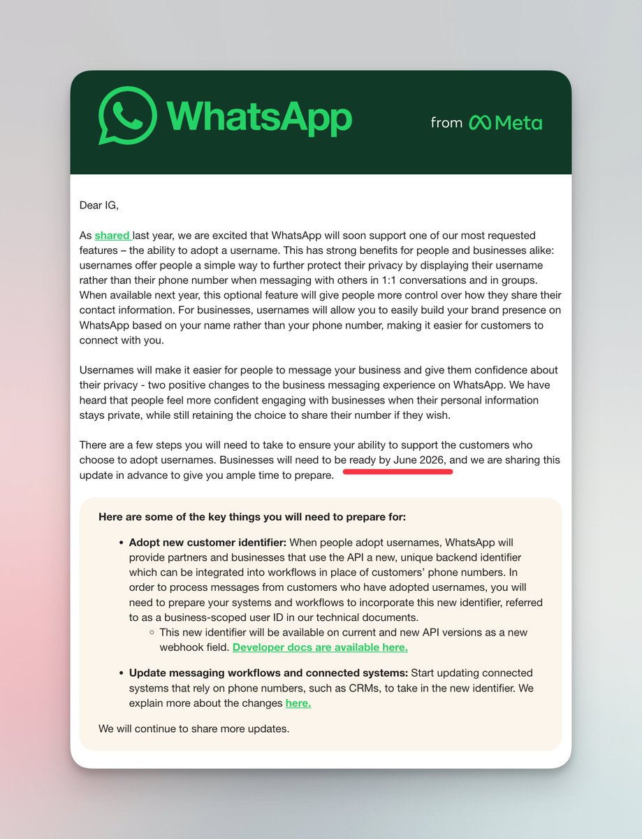 The WhatsApp username wars are coming.

Meta just gave developers a deadline: be ready to handle usernames by June 2026.
