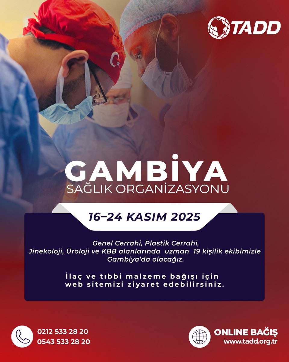 TADDAfrika's tweet image. TADD ekibi bu kez Gambiya’da!
16–24 Kasım tarihleri arasında sağlık hizmeti sunmak için yola çıkıyoruz.
Online bağış için: tadd.org.tr

#Tadd #Gambiya #SağlıkOrganizasyonu