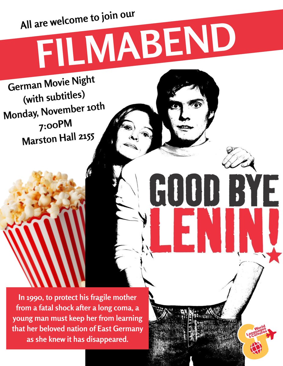 WLC_ISU's tweet photo. The German program is hosting a "Filmabend" event (German Movie Night) on Monday, November 10th at 7:00 PM in 2155 Marston Hall! All are welcome to attend. https://t.co/8DE6jaking