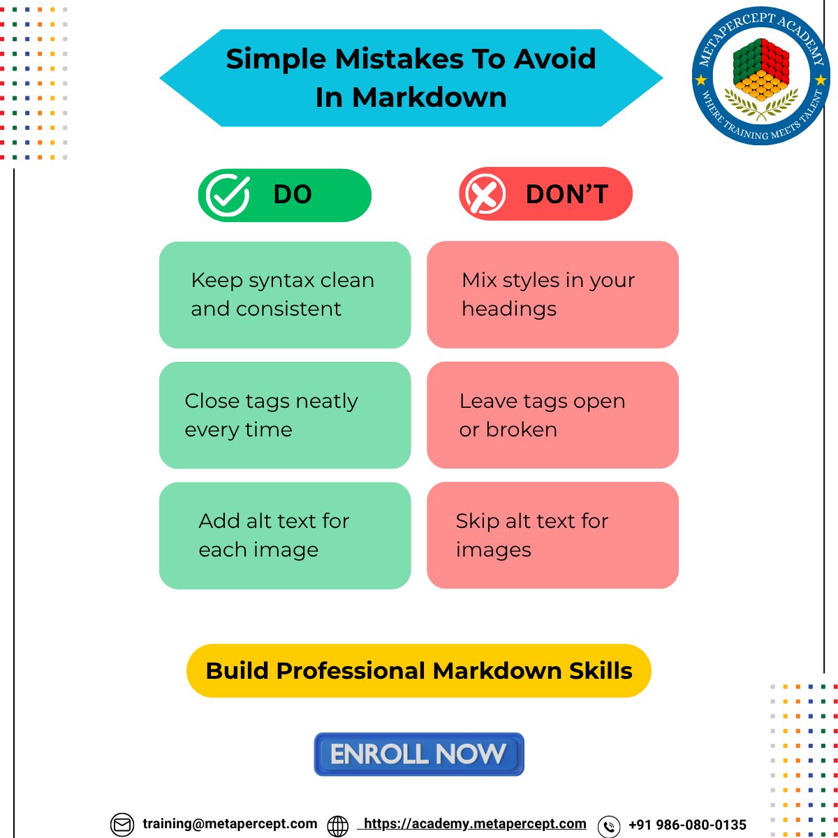 WritingAdvanced's tweet image. Clean docs start with clean #Markdown 
Messy syntax breaks readability, collaboration &amp;amp; automation.
At @Metapercept, learn to master #DocsAsCode &amp;amp; structured authoring.
🎓 Enroll now  training.metapercept.com
#TechnicalWriting #TechWriters