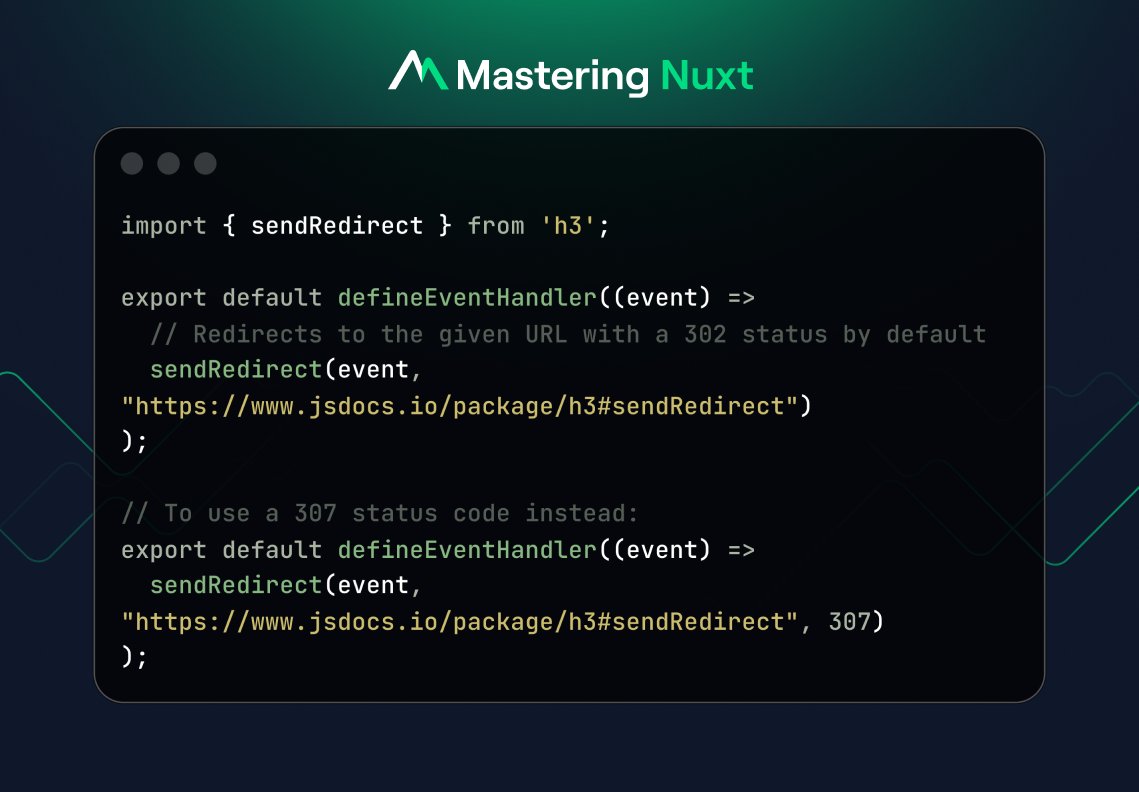Nuxt Tip Of The Week 💡

When you want to create a redirect in a server route, <a href="/nuxt_js/">Nuxt</a> lets you use the `sendRedirect` method from h3.

By default, this sends a 302 (temporary) redirect, but you can specify a different status code if needed.