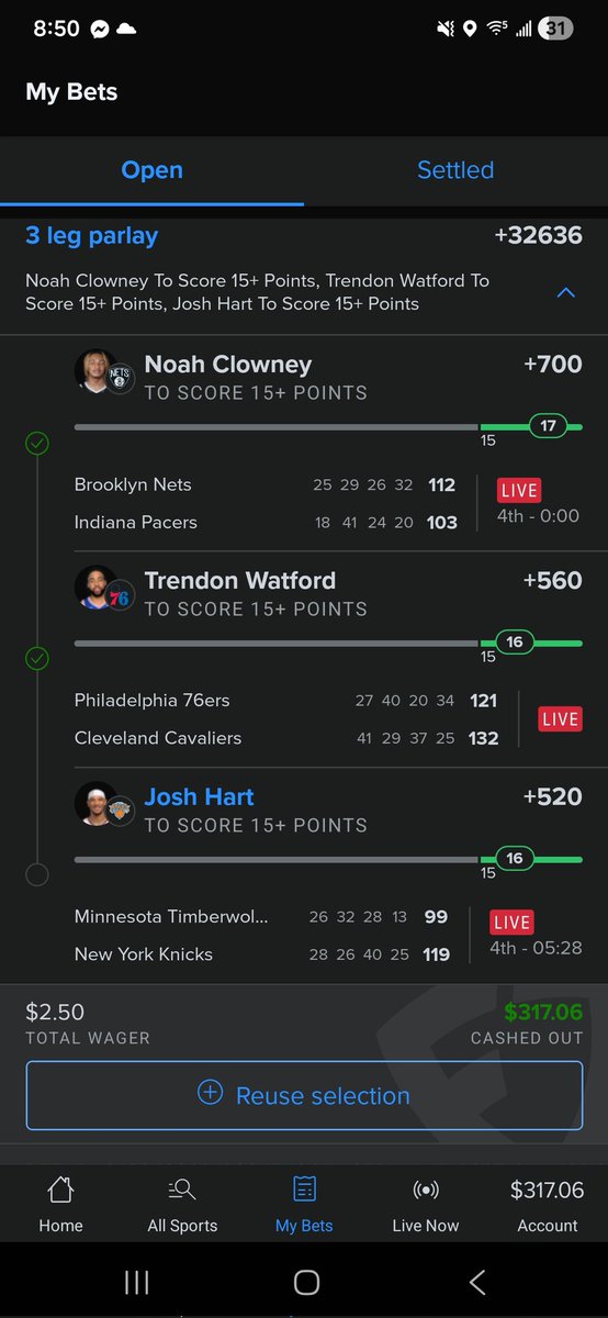natlock13's tweet photo. Ugh, I'm sick. Cashed out a nice pay off $2.50, but this would've been an $800 win if I had waited literally 5 seconds more.  I got worried the Knicks would pull their guys being up so much.  Never. Cash. Out. Lesson learned. https://t.co/y3x4lgCgiQ