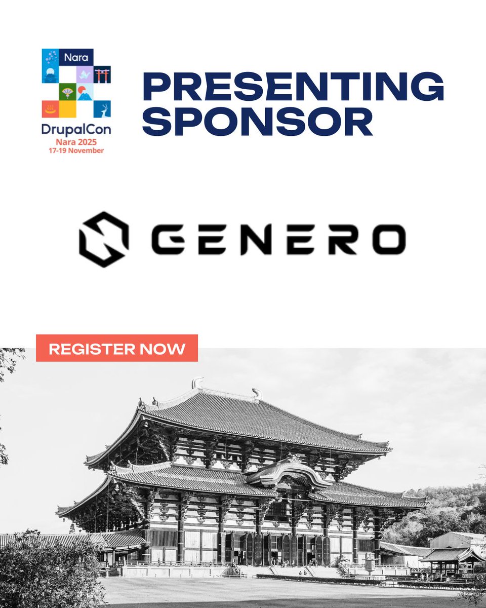 DrupalConAsia's tweet image. @Genero に心から感謝を！
#DrupalConNara 2025 のプレゼンティングスポンサーとしてご支援いただいています 🇯🇵
Genero のサポートが、今年の DrupalCon の実現を支えています！💙
ぜひ会場では Genero のブースにもお立ち寄りください。
🎟️ チケットはこちら：
events.humanitix.com/drupalcon-nara…
#DrupalThanks