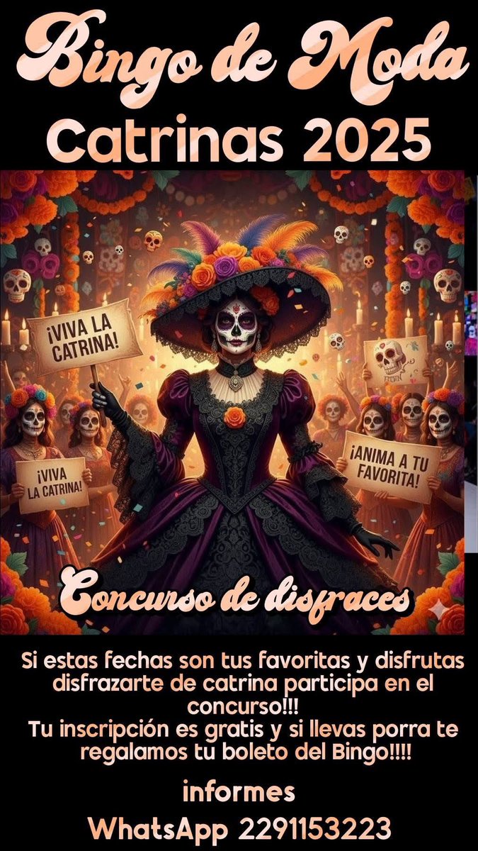 “Bingo de Moda Catrinas 2025” de nuestros amigos de Iker Conciencia.

¡Desfile y Concurso de Catrinas!

sábado 8 de noviembre
Club Rotario Veracruz
5:00PM

¡No se lo pierdan!