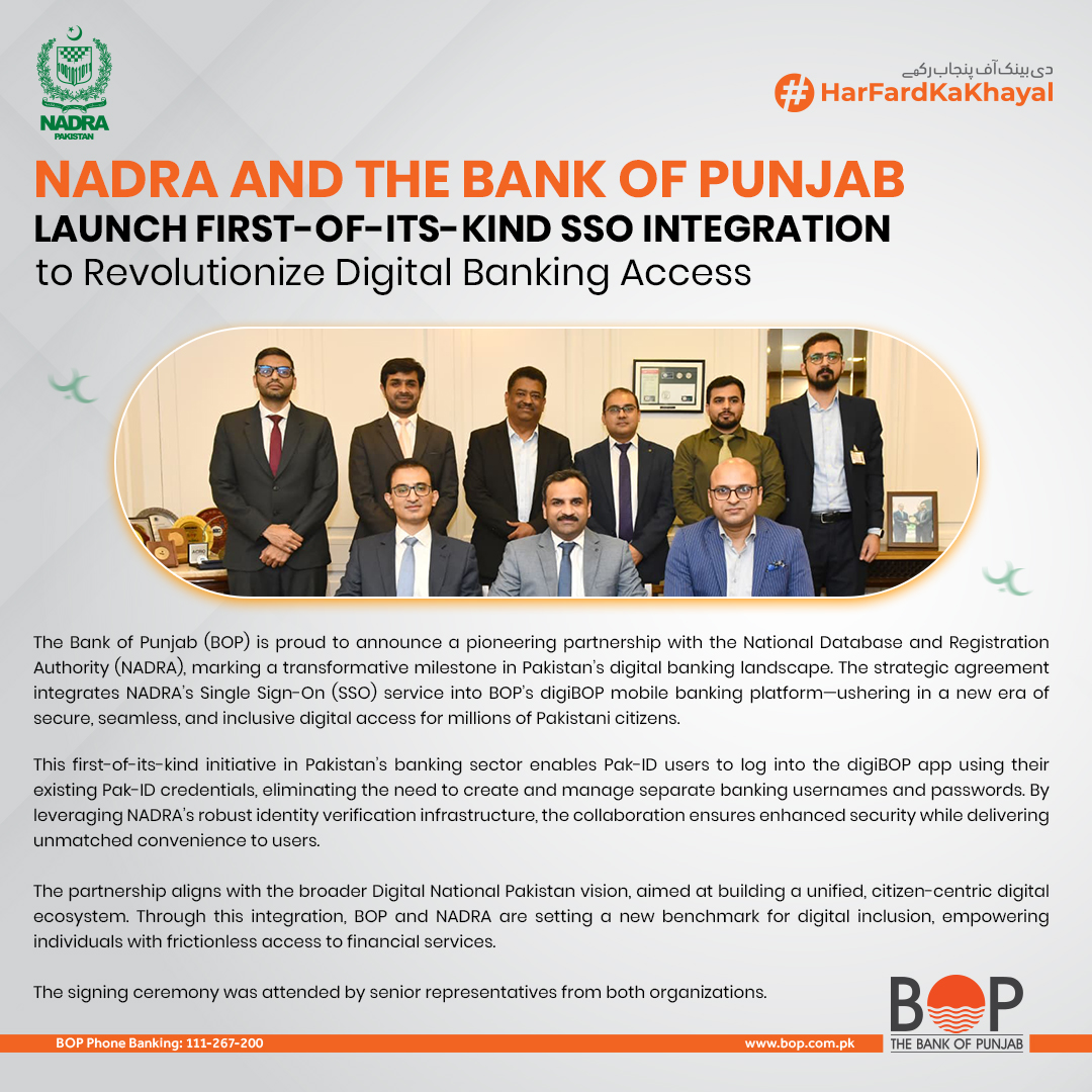thebankofpunjab's tweet photo. A digital first for Pakistan 🇵🇰
BOP partners with NADRA to launch SSO login, allowing users to access digiBOP using their Pak-ID credentials.

Secure. Seamless. Revolutionary.

#TheBankOfPunjab #HarFardKaKhayal #DigitalPakistan #digiBOP https://t.co/gMQ5L2yFYy