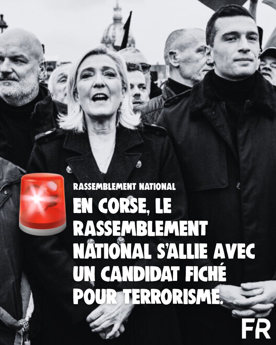FrontRep's tweet image. 🚨 Alerte RN et terrorisme

En Corse, le représentant du Rassemblement national, François Filoni, a annoncé son alliance avec Nicolas Battini, un nationaliste condamné à six ans de prison pour faits de terrorisme.

👉 Une alliance validée par Jordan Bardella lui-même.
👉 Ceux qui…