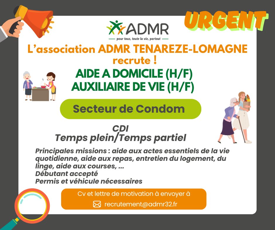 ‼️ URGENT ‼️

L'Association ADMR Ténarèze-Lomagne recrute :
👉Aide à domicile (H/F)
👉Auxiliaire de vie (H/F)
CDI/ Temps plein ou temps partiel
⚠️ Permis B et véhicule nécessaires

Envoyer CV + lettre de motivation à recrutement@admr32.fr

<a href="/ADMRun/">ADMR</a>  <a href="/FranceTravail/">France Travail</a>