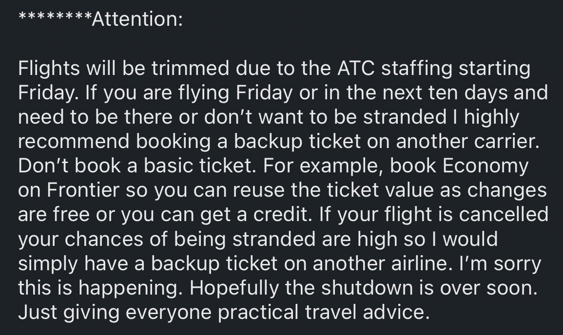 Frontier CEO Barry Biffle took to LinkedIn last night to discuss the FAA’s capacity cuts.

“I highly recommend booking a backup ticket on another carrier.”
