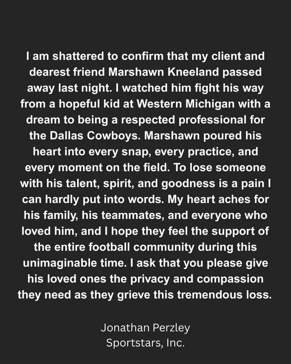 A statement from Marshawn Kneeland’s agent Jon Perzley on the passing of his client, #Cowboys DE Marshawn Kneeland, at the age of 24.