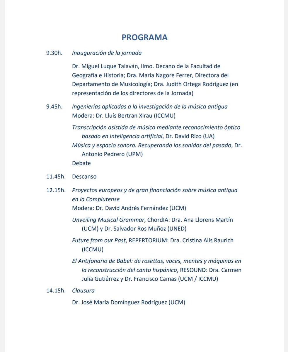MusicologiaUCM's tweet photo. 📣Mañana tendrá lugar la VII Jornada Complutense de Música Antigua.
🎼Organizada por David Andrés, Lluís Bertran, José María Domínguez y Judith Ortega.
👇🏻Puedes consultar el programa
@ICCMU https://t.co/NOKaOIvkTv