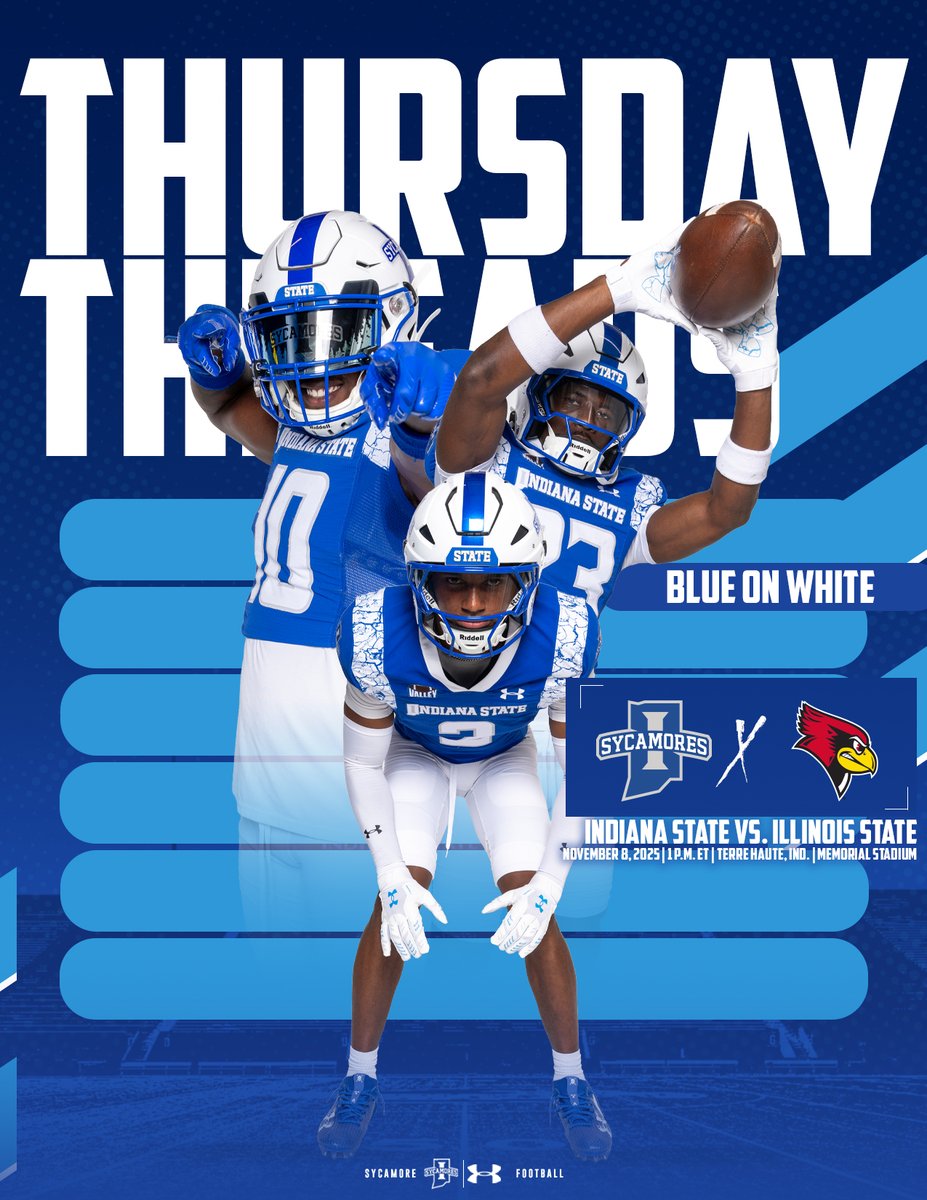 IndStFB's tweet photo. #ThursdayThreads
Sycamores back in the Blue & White ready to take on Illinois State
#MarchOn | #LeaveNoDoubt https://t.co/B0ZsgN95DP