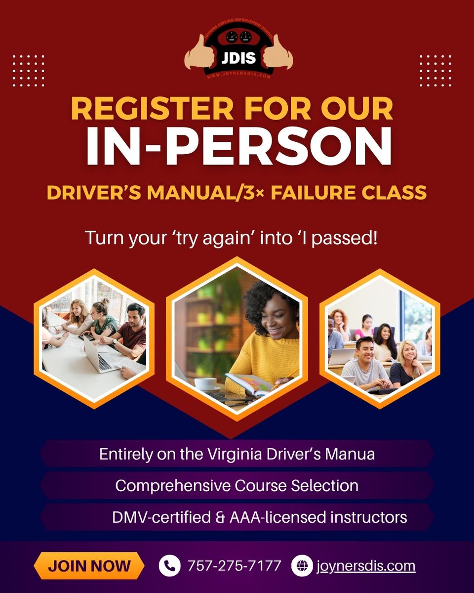Jdrivingschool's tweet image. Register for our in-person Driver’s Manual / 3× Failure Class at JDIS.

Book your session: calendly.com/jdisconsult/30…
✅ Join Now: joynersdis.com 📞 757-275-7177

#JoynersDrivingSchool #DriverImprovement #DrivingSchoolNearMe #BehindTheWheel #DrivingLessons  #DrivingCourses