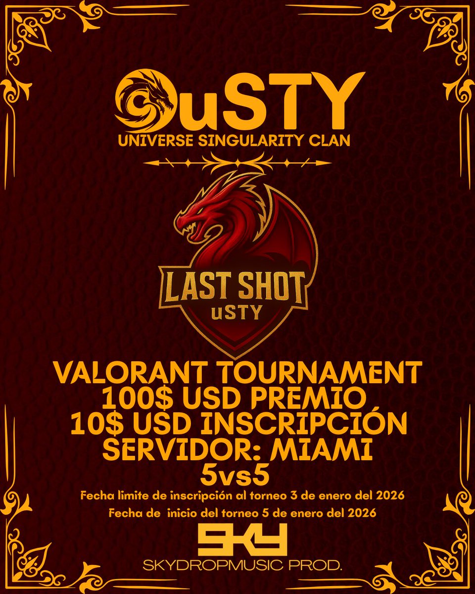 🎯 🔥 TORNEO LAST SHOT - VALORANT 🔥 🎯
📅 Inicio del torneo: 5 de enero
📝 Inscripciones abiertas hasta: 3 de enero
💰 Costo de inscripción: $10 por equipo
🏆 Premio total: $100 al equipo campeón

Inscripción: docs.google.com/forms/d/e/1FAI…

#torneo #torneovalorant #uSTY #VALORANT