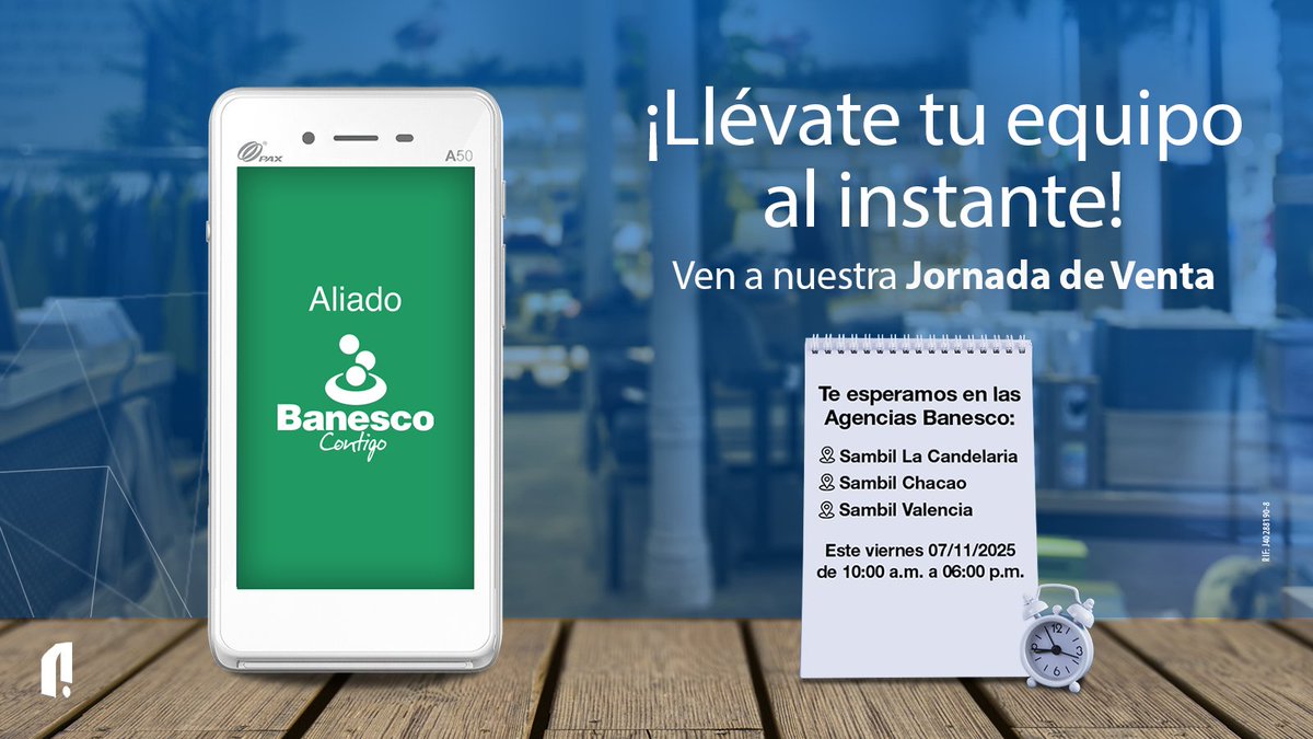 Impulsa tu negocio y adquiere el #POS que deseas en la #JornadaDeVenta que realizaremos este #07Nov en las agencias de nuestro aliado <a href="/Banesco/">Banesco Banco Universal</a> de los Centros Comerciales: 

📌Sambil La Candelaria
📌Sambil Chacao
📌Sambil Valencia

⏰De 10:00 a.m. a 6:00 p.m.

⁣⁣⁣#nativaPagos