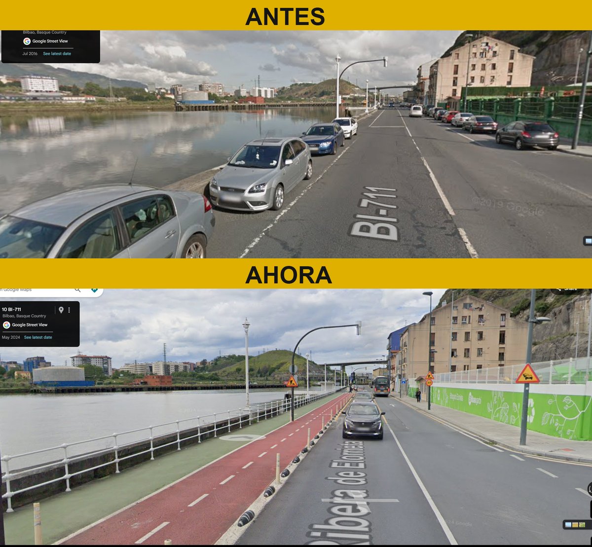 Desde Bilbao hasta Getxo (13 km ) ya se puede ir de forma segura en bici / andando.😍
Restando espacio al coche 💪🙌🙌👏👏