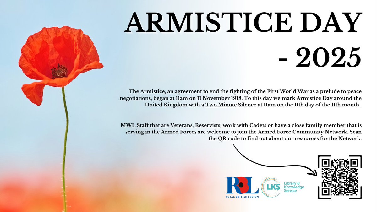 MWLNHSLibrary's tweet image. Thank you to all past and present service people.
The Library will be observing two minutes of silence at 11am to mark the armistice, and to honour those who have lost their lives in conflict.
#ArmisticeDay