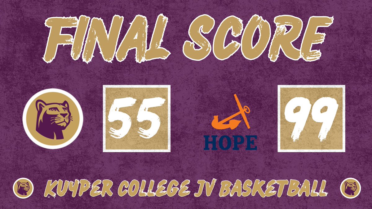 JV Finals from yesterday: 

Kuyper JV - Black: 72 
Muskegon CC: 129

Kuyper JV - Purple: 55
Hope JV: 99

#GoCougars