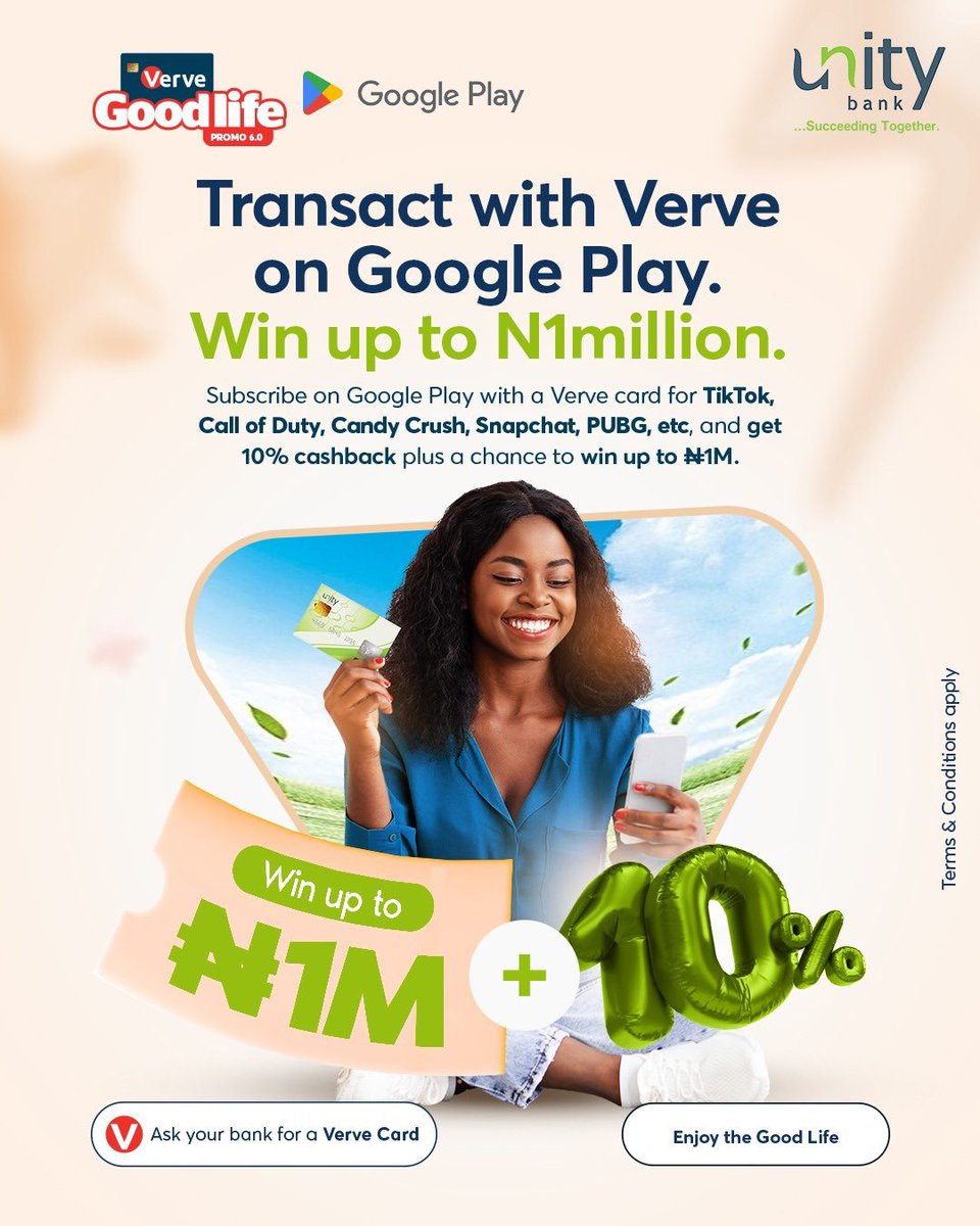 UnityBankPlc's tweet image. Use your Unity Verve Card to subscribe on Google Play for apps like PUBG, Call of Duty, TikTok, and more, and unlock amazing rewards!

You get 10% cashback and a chance to win up to ₦1,000,000 in the Verve Good Life Promo 6.0.

Start transacting now and enjoy the perks!…