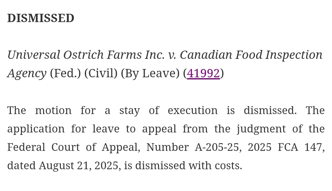 JasonLavigneAB's tweet photo. 🚨BREAKING NEWS: Supreme Court of Canada Dismissed Universal Ostrich Farm Application🚨

Minutes ago, the Supreme Court of Canada Denied the Application for Leave to hear the Universal Ostrich Farm arguments.

The Canadian Food Inspection Agency can now proceed with the culling of all the ostriches.