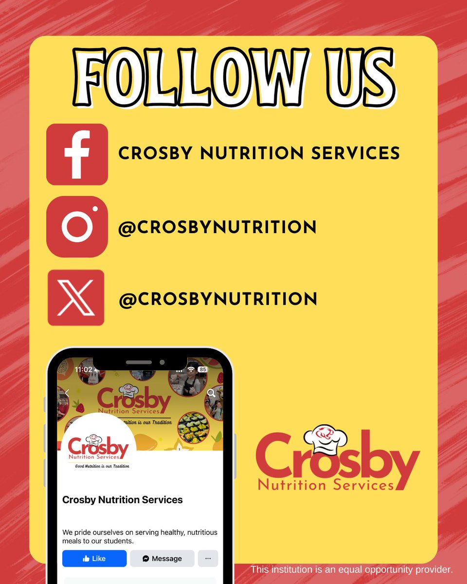 Stay in the know! Follow us for the latest updates, events, menus, and more. 📢✨
📲facebook.com/crosbynutrition 
📲 instagram.com/crosbynutrition
📲x.com/CrosbyNutrition

<a href="/CrosbyISD/">Crosby ISD</a> #committedtostudents #cougarpride #bettertogether #Crosbytx #Crosbytexas #Crosby #txschools