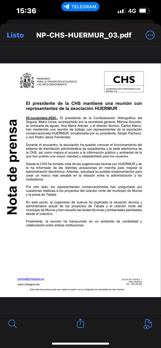 Huermur se reúne con los responsables de la Confederación Hidrografica del Segura <a href="/chsriosegura/">Confederación Hidrográfica del Segura</a> para tratar diversos temas sobre #MedioAmbiente y diversos proyectos como el polémico Colector Norte #Murcia

Damos las gracias a la CHS por escuchar nuestras demandas atentamente 👍