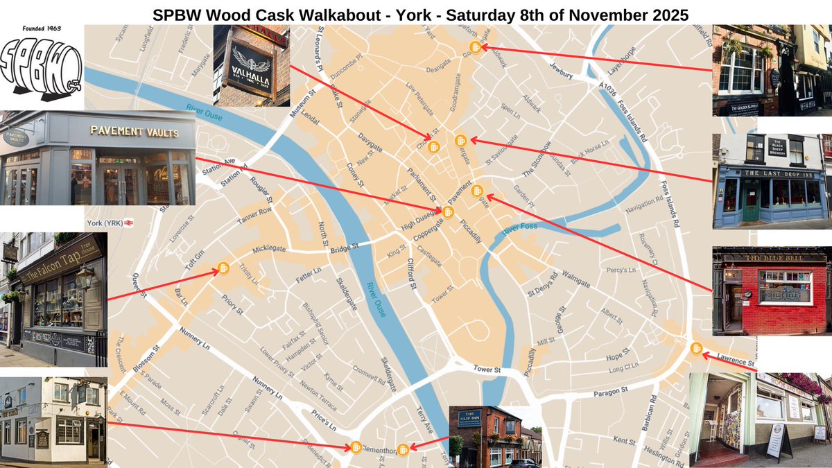 YorkSPBW's tweet photo. The pubs for Saturdays wood cask walkabout @rookandgaskill @theswanyork @GoldenSlipperYo @theslipinnyork @thefalconyork #BlueBell @Thelastdropyork @ValhallaYork @PavementVaults have a fab day supporting pubs 🍻👏@CampaignforPubs @ProfessorPubUK @realaleupnorth @YorkCAMRA @SpbwUk https://t.co/SWBq65jNR4