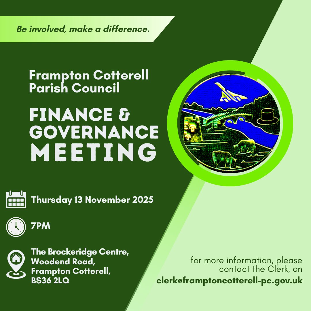 Finance &amp; Governance
📆 Date: 13/11/2025
⏰ Time: 7PM
📌 Location: The Brockeridge Centre, BS36 2LQ.

All parishioners welcome to attend.

framptoncotterell-pc.gov.uk/council-meetin…

#FCPC #ParishCouncil #ParishCouncilMeeting #FramptonCotterell #Finance #Governance