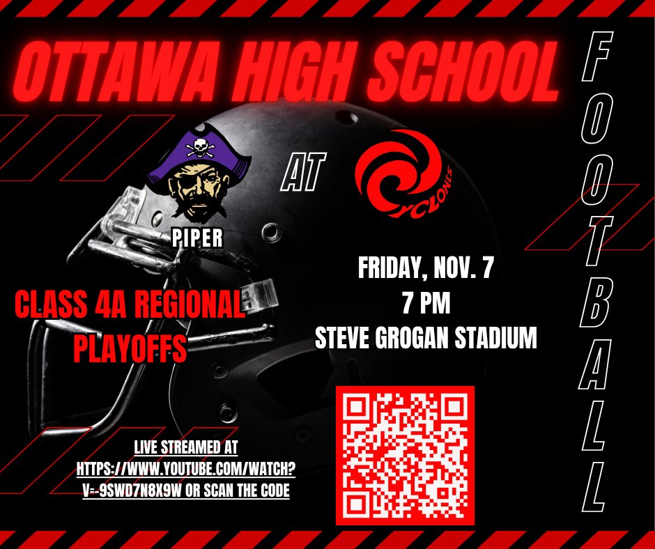 The OHS Regional Football game vs Piper on Friday will be live streamed at youtube.com/watch?v=-9SWD7… or scan the qr code if you can't make it out to the game!! #CyclonePride #cyclONEnation