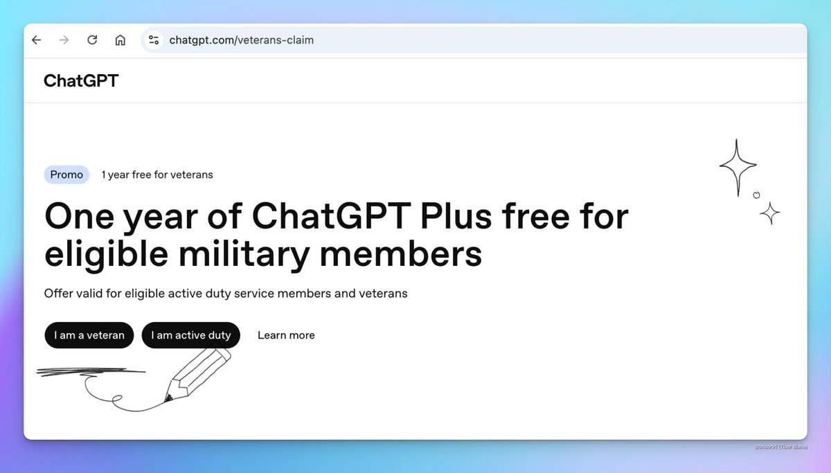 ChatGPT web app has a hidden new promo for veterans - "One year of ChatGPT Plus free for eligible military members (Offer valid for eligible active duty service members and veterans)"