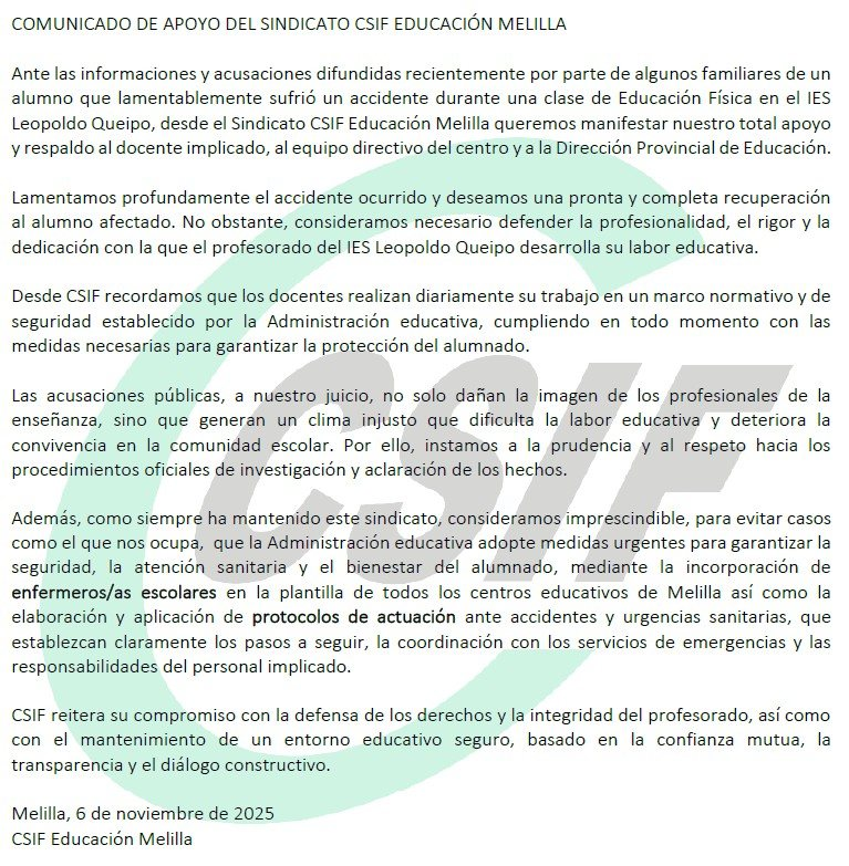 Comunicado de <a href="/CSIFEnseMelilla/">CSIF EDUCACION MELILLA</a>  sobre lo ocurrido en el IES Leopoldo Queipo.
facebook.com/onda.ceromelil…